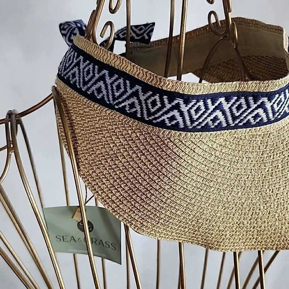 NWT Sea Grass Straw Visor with Navy and White Ribbon